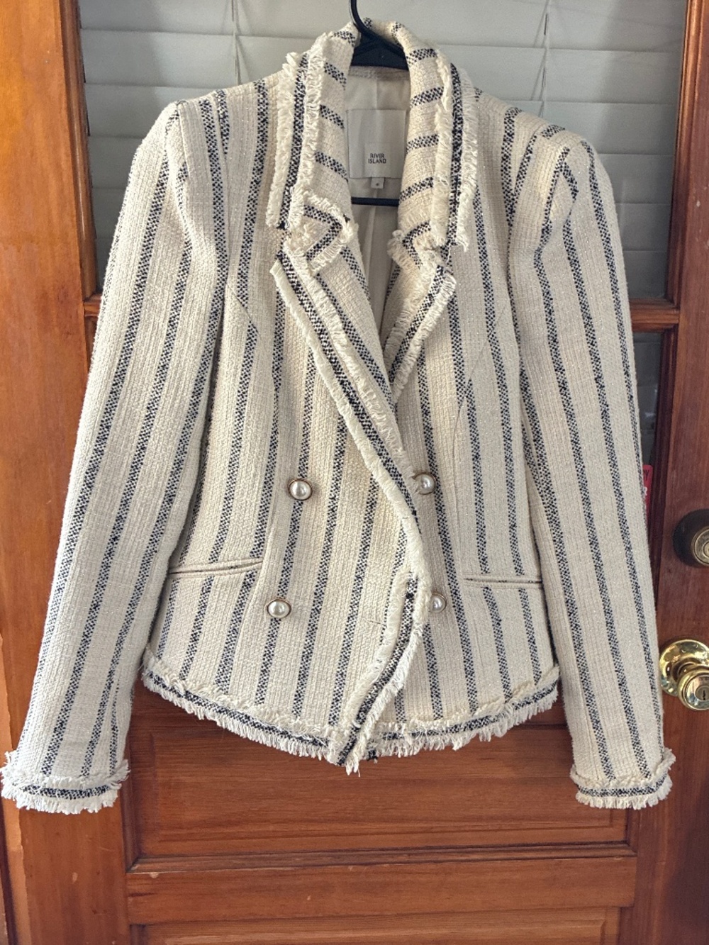 River Island off White with Black stripes Tweed Blaser Parisian Style